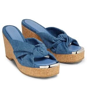 Jimmy Choo Avenue 110 Denim Wedge Sandals Knotted Upper 37